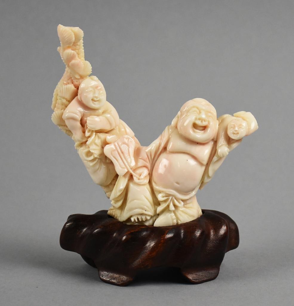 Vintage Chinese Carved  Laughing Buddha, Rosewood Stand (1 of 5)