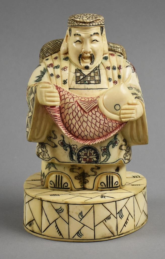 Vintage Yushan China Kinko Sennin-Immortal Qin'Gao, Bone: This is a wonderful piece of carved bone, polychrome accents from China. This figure is believe to be a Chinese Immortal Qin Gao, Kinko Sennin, who captured a red carp and rode it out of the water. Bo