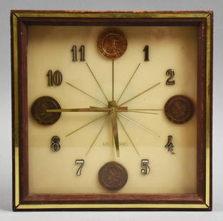 c1970 Las Vegas Souvenir Morgan Coin Working Clock: Very cool clock that would be great in a game room or man cave. It is a vintage battery operated Las Vegas clock. There are souvenir coins resembling the 1878 Morgan silver dollars 3, 6 and 9 with a s