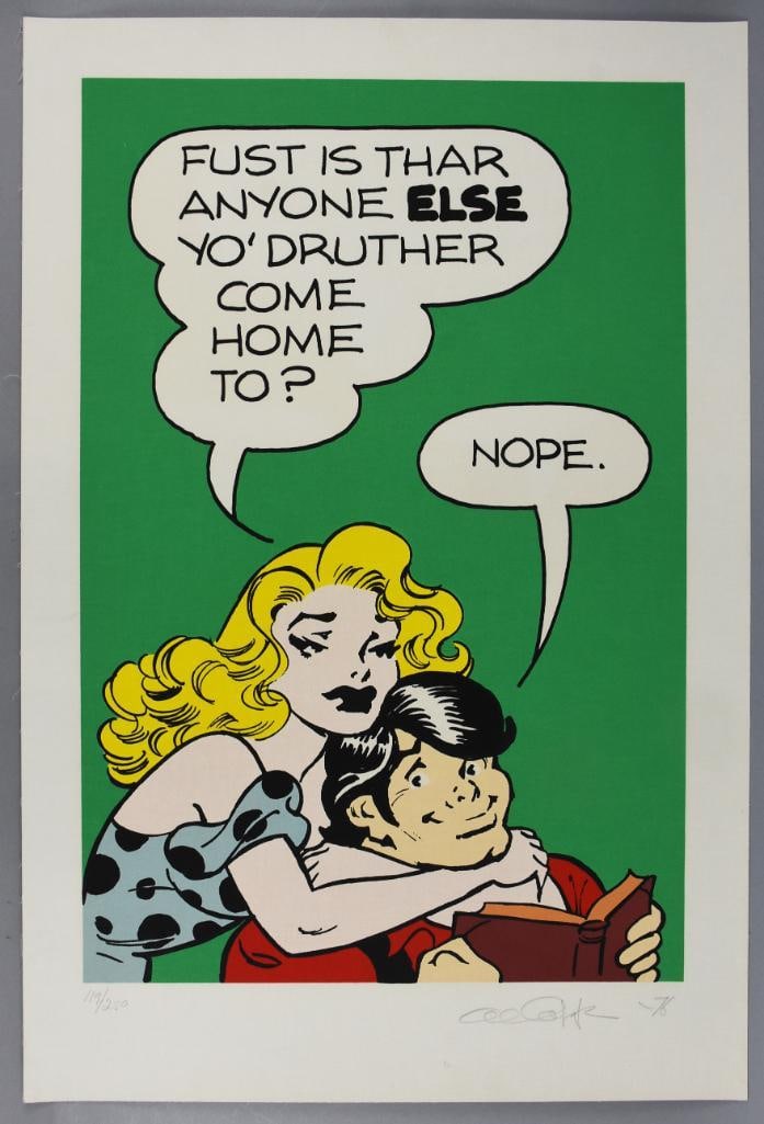 Signed Al Capp Serigraph Li'l Abner and Daisy Mae Ltd Ed: Cool Al Capp signed serigraph on a woven canvas type paper and number 119/250 from 1975. Features Daisy Mae with Li'l Abner. Unframed and measures 24" x 36"