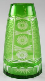 Vintage Bohemian Green Cut to Clear Crystal Vase