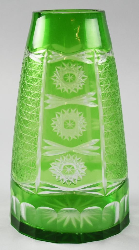 Vintage Bohemian Green Cut to Clear Crystal Vase (1 of 8)