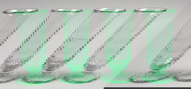 Vintage Paden City Party Line-Green Footed Soda Glasses: Lovely set of green glass from Paden City. The pattern is Party Line introduced in 1928. They are a block optic pattern and are 10 oz soda glasses. All stand approx. 5.5" tall x 3" wide.