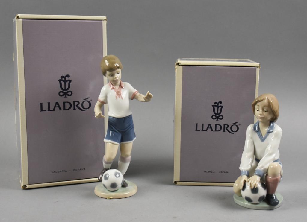 Retired Lladro Soccer Practice 6198 & Team Player 6185 w/Box: Sweet pair of vintage Lladro in their original boxes. Includes Soccer Practice, released in 1995, retiring in 2010. Team Player, released in 1994, retiring in 2000. Measure from 6.5" and 9" tall.