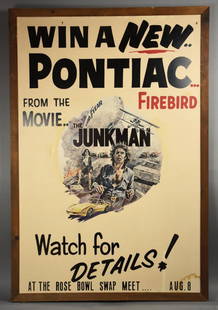 RARE 1982 The Junkman Movie Halicki Pontiac Firebird Promo Poster: Very cool promotional poster from the 1982 movie The Junkman starring H.B. Halicki.?This extremely hard to find poster is offering you the opportunity to win a new Pontiac Firebird at the Rose Bowl Fl