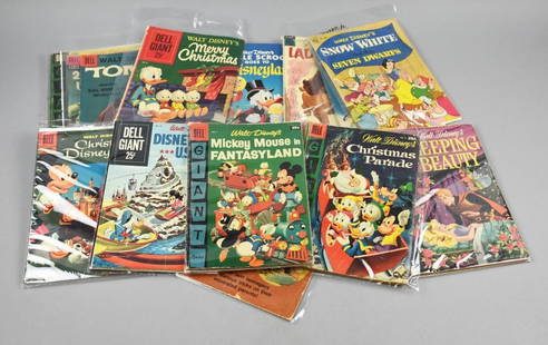 (15) 1950s-60s Golden & Silver Age Dell Disney Comics: Lot is 15 1950s-60s Golden & Silver Age Dell Disney Comics. Includes Lady and the Tramp, Sleeping Beauty, Disneyland USA, Tonka, Snow White, Alice in Wonderland, 20,000 Leagues Under the Sea, Mickey M