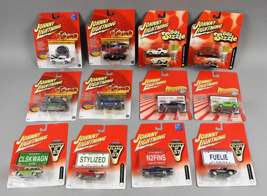 (12) 2005-06 Johnny Lightning Assorted Die-Cast-MOC-NOS: Johnny Lightning die-cast cars, each in original blister packaging. Themes include 'Class of '57,' 'Classic Gold Collection,' '60s Sizzle,' and 'Muscle Cars 1969.' Cars feature unique license plates, 