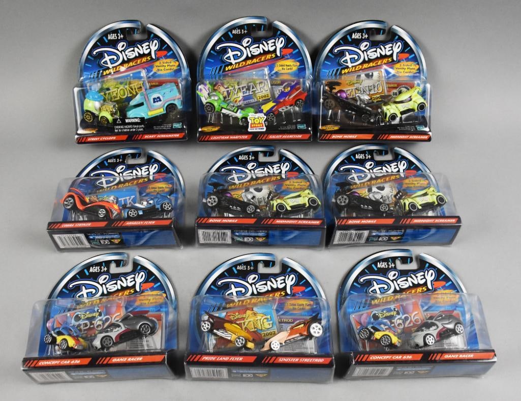 (9) 2002 Hasbro Disney Wild Racers Die-Cast-MOC-NOS: Lot is nine 2002 Hasbro Disney Wild Racers DieCast Cars Single owner collection from the largest toy collector Car on the West Coast.