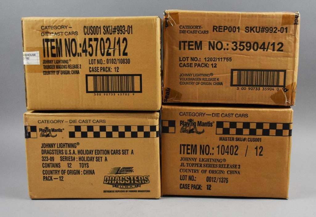 (48) Johnny Lightning 4 Factory Sealed Cases, Topper & More-NOS: Lot is four Johnny Lightning Factory Sealed Cases, 48 cars total. Topper & More. Boxes contain Thunder Wagons, Dragsters USA, Topper and Volkswagen. Single owner collection from the largest toy collec
