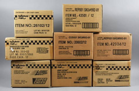 (8) Factory Sealed Johnny Lightning Die-Cast-MIB-NOS: Lot is eight Factory Sealed Johnny Lightning Die-Cast -MIB-NOS. Cases include Corvette 50th Anniversary, Retro Rods, ThunderJets, Super Chevy, James Bond, Firebirds and two Show Stoppers-462-00 and 46