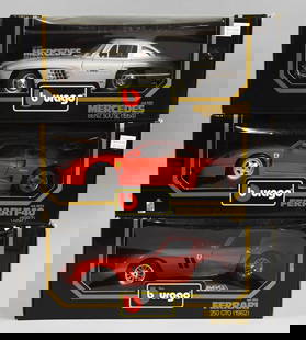 (3) Burago Mercedes and Ferrari 1:18 Scale MIB-NOS: Lot is three Burago Mercedes and Ferrari 1:18 Scale-MIB-NOS. Single owner collection from the largest toy collector on the West Coast.