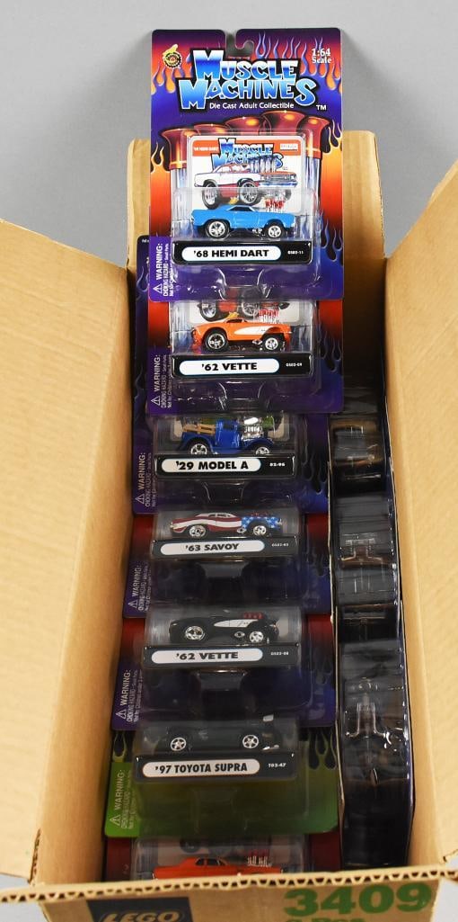 (31) 2002 Funline Muscle Machine Assortment-MOC-NOS: 31 Funline Muscle Machines die-cast model cars from 2002, each in its original sealed packaging. Includes various makes and models such as the '62 Hemi Dart, '62 Vette, '29 Model A, '97 Toyota Supra, 