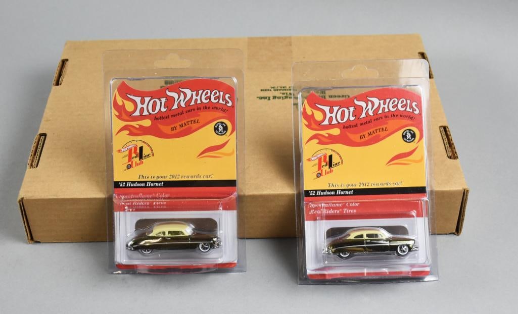 2012 Hot Wheels RLC '52 Hudson Hornet, Ltd Ed MOC NOS: Two 2012 Mattel Hot Wheels Red Line Club ’52 Hudson Hornet die-cast cars, both limited edition collector’s pieces featuring Spectraflame color and Real Riders tires. These models were released as