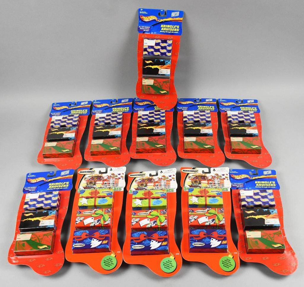 (9) 2001 Matchbox & Hot Wheels Christmas Multi Packs-MOC-NOS: Lot is nine 2001 Matchbox & Hot Wheels Christmas Multi Packs-MOC-NOS. Includes three Secret Santa Matchbox and six Kringles's Cruisers Hot Wheels . Single owner collection from the largest toy collect