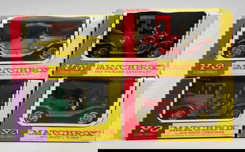 (4) c1960 Lesney Matchbox Models of Yesteryear - MIB-NOS: Lot is four c1960 Lesney Matchbox Models of Yesteryear - MIB-NOS. Includes 1913 Cadillac, 1912 Packard Landaulet, 1910 Benz Limousine and 1911 Model "T" Ford. Single owner collection from the largest
