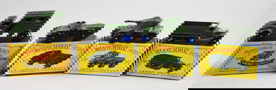 (4) c1960 Lesney Matchbox Military Die-Cast - MIB-NOS: Lot is four c1960 Lesney Matchbox Military Die-Cast - MIB-NOS. Includes Army Wireless Truck, Army Scout Car, Saladin Armoured Car and Army Half Track Mark III. Single owner collection from the largest