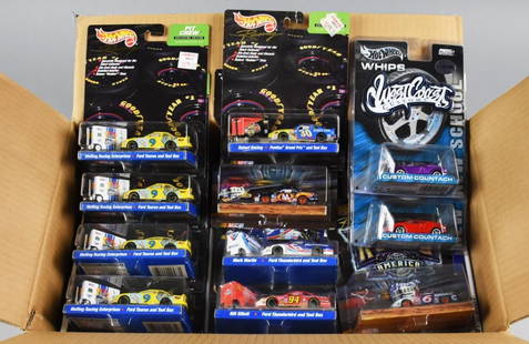 (28) 1990s Mattel Hot Wheels Assorted Die-Cast-MOC-NOS: Lot is 28 1990s Mattel Hot Wheels Assorted Die-Cast-MOC-NOS. Includes Pavement Pounders, Pro Racing Pit Crew, NASCAR Rocks and West Coast Customs. Lot with duplicates. Comes with Hot Wheels factory ca