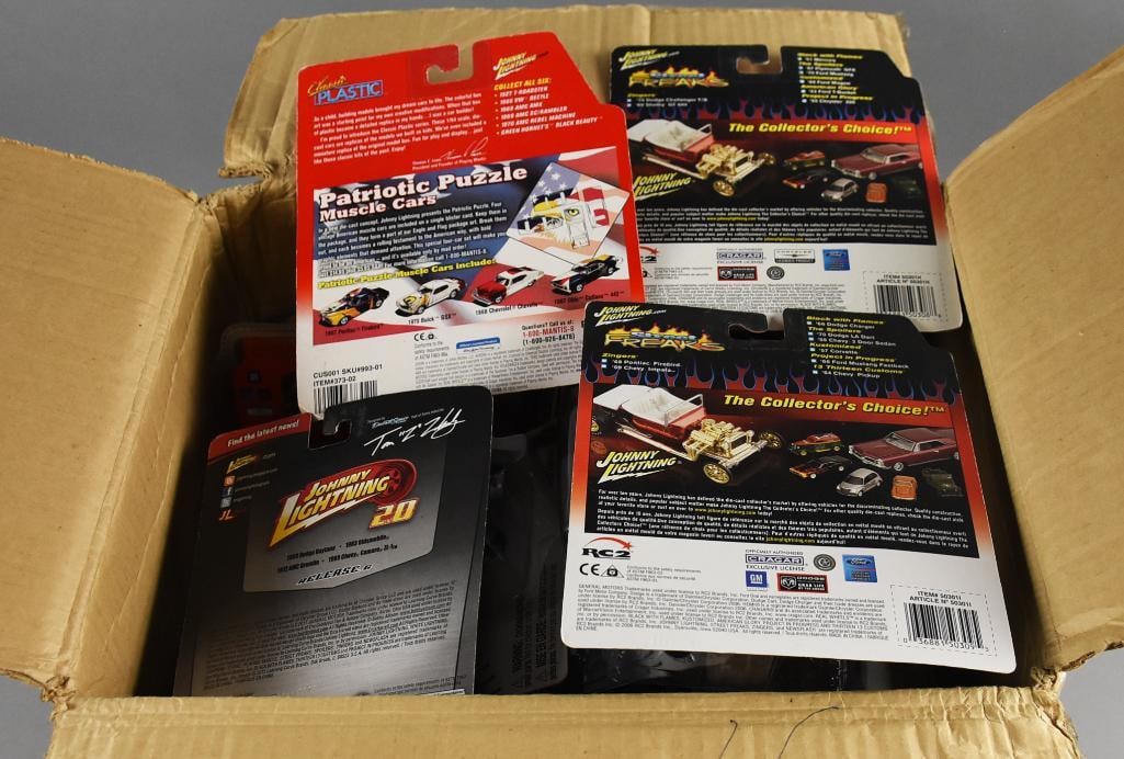 (35) 2000s Johnny Lightning Spoilers Die-Cast Assortment-MOC-NOS: Lot of 35 Johnny Lightning die-cast vehicles from the 2000s, all mint on card and new old stock. This assortment includes popular themes such as Black with Flames, Classic Plastic, and The Spoilers, s