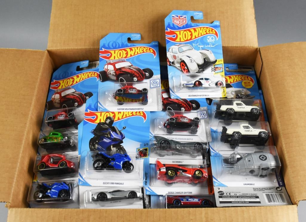 (167) 2013-2017 Mattel Hot Wheels Die-Cast-MOC-NOS: Lot of modern-era Hot Wheels die-cast vehicles, all mint on card and new old stock. This vibrant assortment features several highly popular models including multiple Custom Volkswagen Beetles, Volkswa