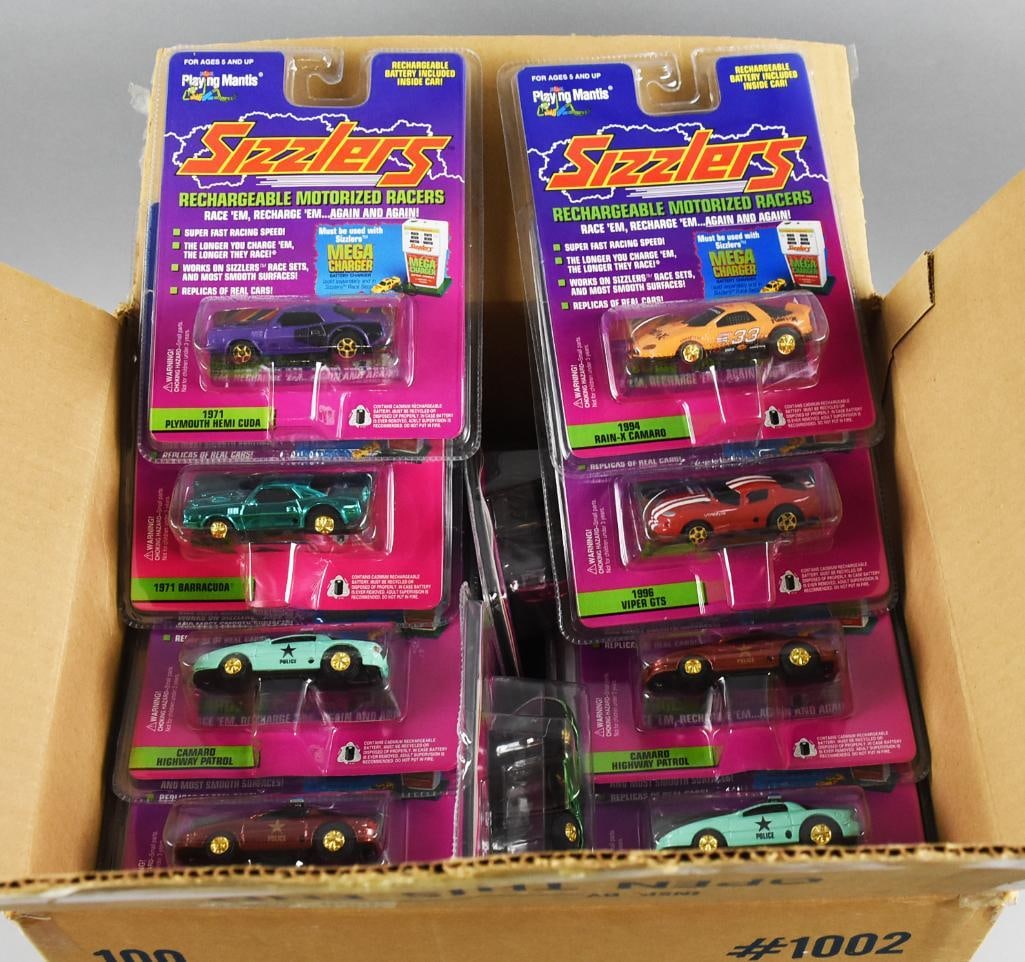 (50) 1990s Playing Mantis Sizzlers Rechargeable Racers-NOS: Lot is 50 1990s Playing Mantis Sizzlers Rechargeable Racers-NOS. Unsorted, may contain duplicates or other cars. Single owner collection from the largest toy collector on the West Coast.