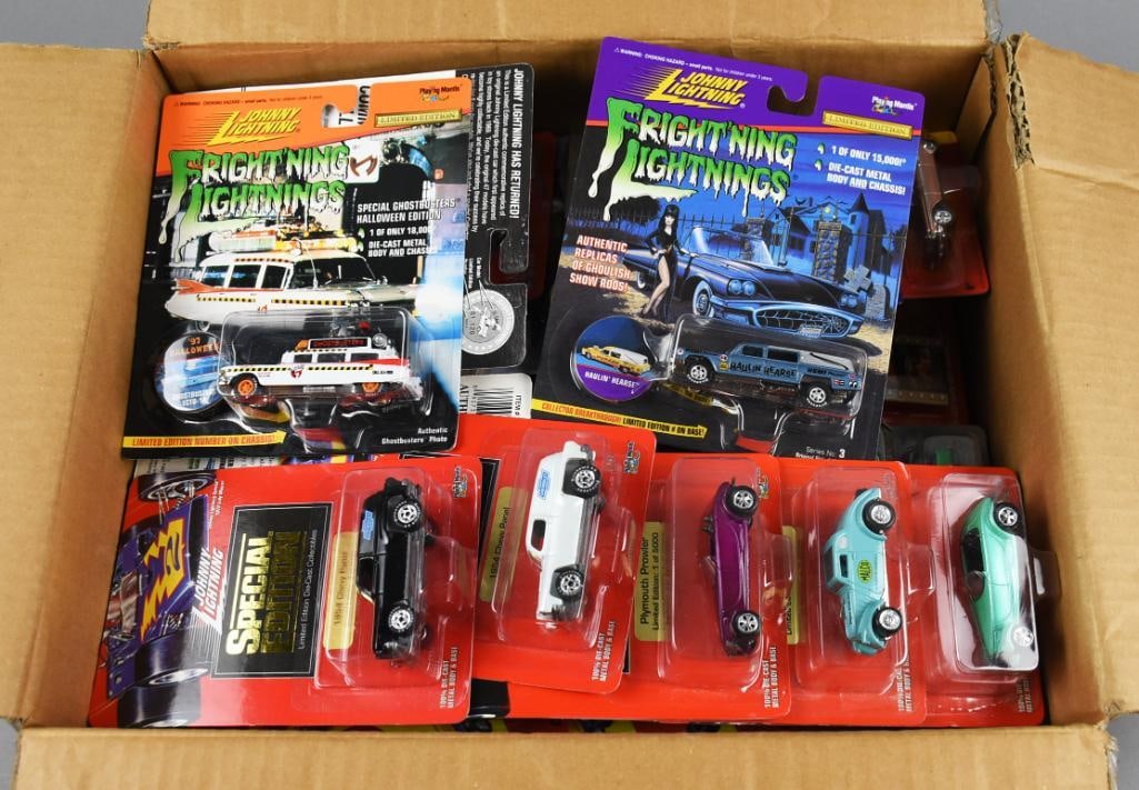 (42) 1990s Johnny Lightning Limited Edition Die-Cast-MOC-NOS: Lot of 42 Johnny Lightning die-cast vehicles, all mint on card and new old stock. This exciting assortment includes special edition themes such as Fright’ning Lightnings with spooky show rods and li