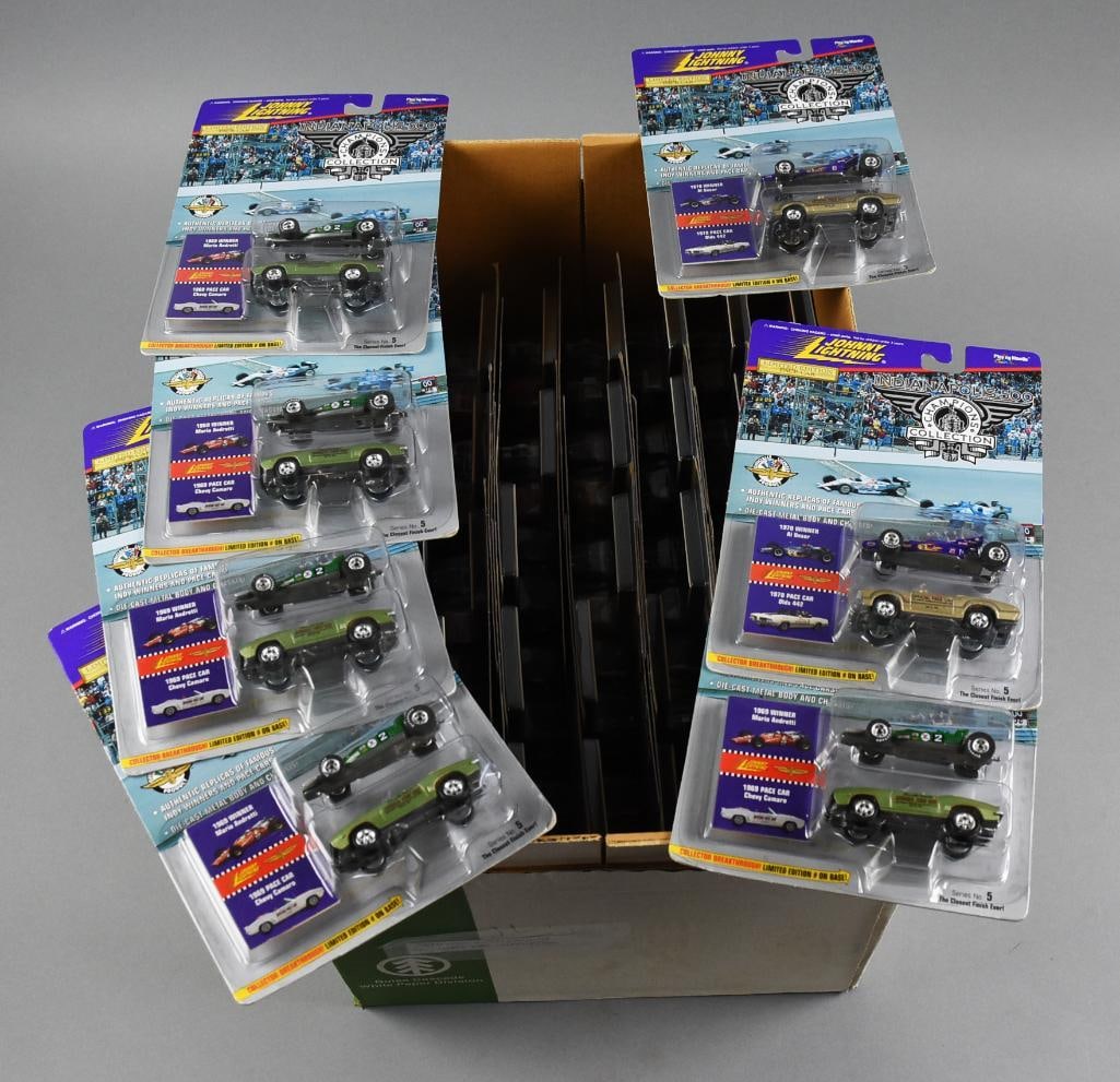 (42) 1990s Johnny Lightning Indy 500 Assortment-MOC-NOS: Lot of 42 Johnny Lightning Fright’ning Lightnings die-cast vehicles, all mint on card and new old stock. This collection features authentic replicas of spooky show rods and pop-culture-inspired cust