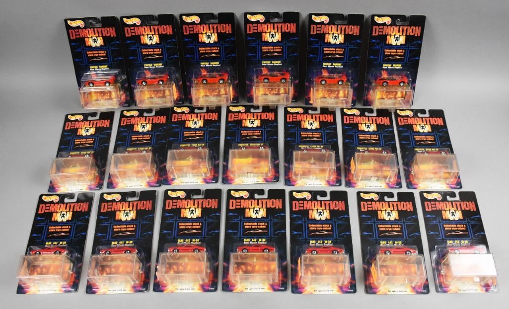 (20) 1993 Mattel Hot Wheels Demolition Man - MOC-NOC: Lot is 20 1993 Mattel Hot Wheels Demolition Man - MOC-NOC. Includes Pontiac Banshee, Corvette Stingray and Olds 442, multiples of each. Single owner collection from the largest toy collector on the We