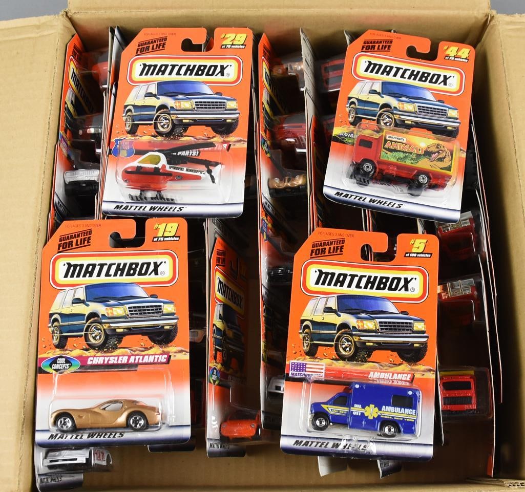 (48) 1990s Mattel Matchbox Assorted Die-Cast-MOC-NOS: Lot is 48 1990s Mattel Matchbox Assorted Die-Cast-MOC-NOS. Lot with duplicates. Will come in Hot Wheels factory case. Single owner collection from the largest toy collector on the West Coast.