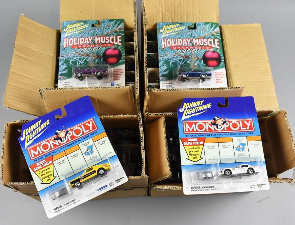 (4) 2001 Johnny Lightning Factory Cases-Holiday & Monopoly-NOS: Lot is four 2001 Johnny Lightning Factory Cases-Holiday & Monopoly-NOS. All cases appear original and each case is full, total of 48 cars. Single owner collection from the largest toy collector on the
