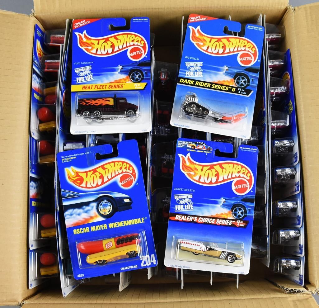 1990s Mattel Hot Wheels Factory Shipping Case MOC-NOS: Lot is a 1990s Mattel Hot Wheels Factory Shipping Case-MOC-NOS. Case may be original with additional cars, 74 pieces in total. Single owner collection from the largest toy collector on the West Coast.