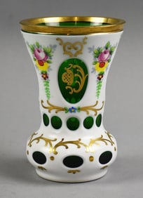 Antique Czechoslovakian Bohemian Hand Painted Cased Glass Vase