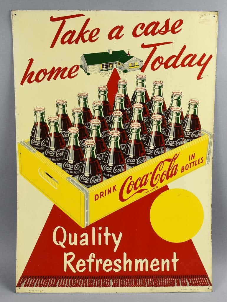 1952 Coca Cola Take A Case Home Today One Sided Tin Sign: Fantastic original vintage single side advertising sign for Coca Cola and appears tin. Slogan is Take a case home today with a case of Coke bottles and Quality Refreshment. Sign is marked in the lower