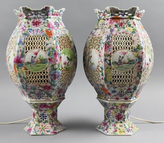 Chinese Export Famille Rose Wedding Porcelain Lamps Antique