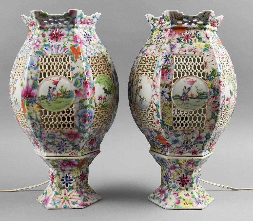 Chinese Export Famille Rose Wedding Porcelain Lamps Antique: This is a gorgeous pair of Antique Chinese lamps. These exported porcelain lamps are famille rose with hand painted flowers with each hexagonal reticulated panel having both a child playing and birds.