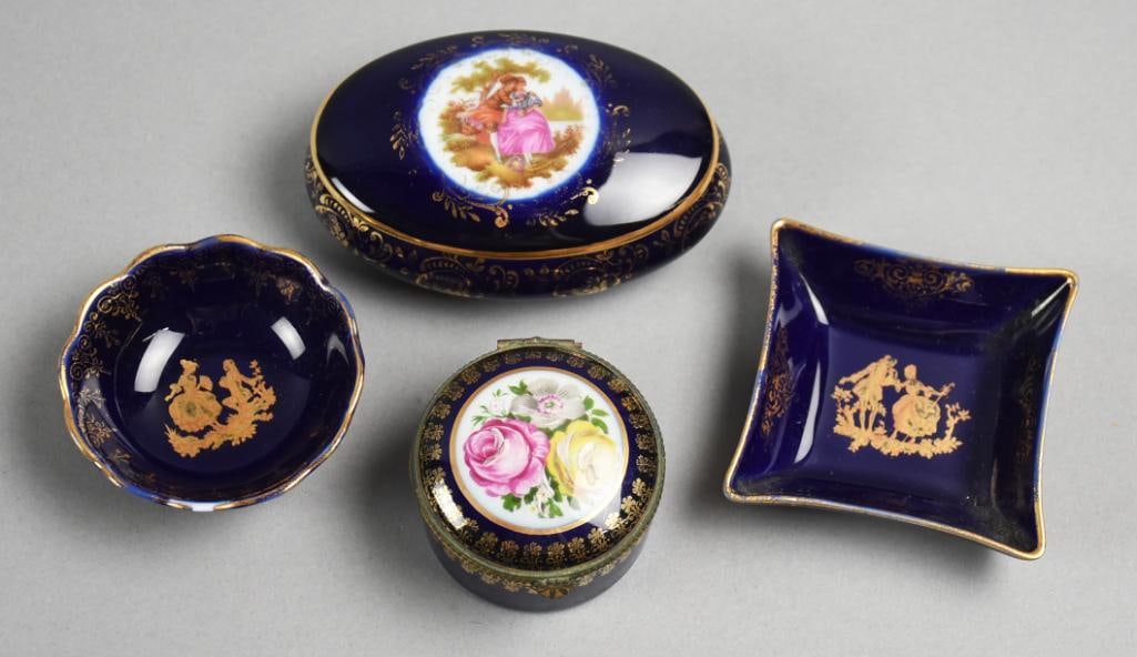Vintage Limoges La Seynie Cobalt Porcelain Trinket Dishes: Beautiful assortment of vintage French porcelain from Limoges. Includes various shapes and sizes. Round dish with courting couple, square dish with courting couple, oval dish with couple and trinket b