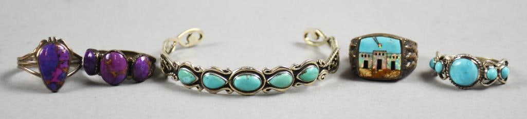Sterling .925 Native American Style Turquoise Jewelry: These beautiful pieces are created in the southwest style. Includes two rings in what appear to be purple Mohave turquoise, two additional rings, one with straight turquoise and one with turquoise wit