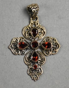Sterling Silver and Garnet Religious Cross Pendant 925