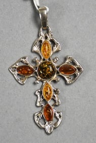 .925 Sterling Baltic Cross with Amber Pendant