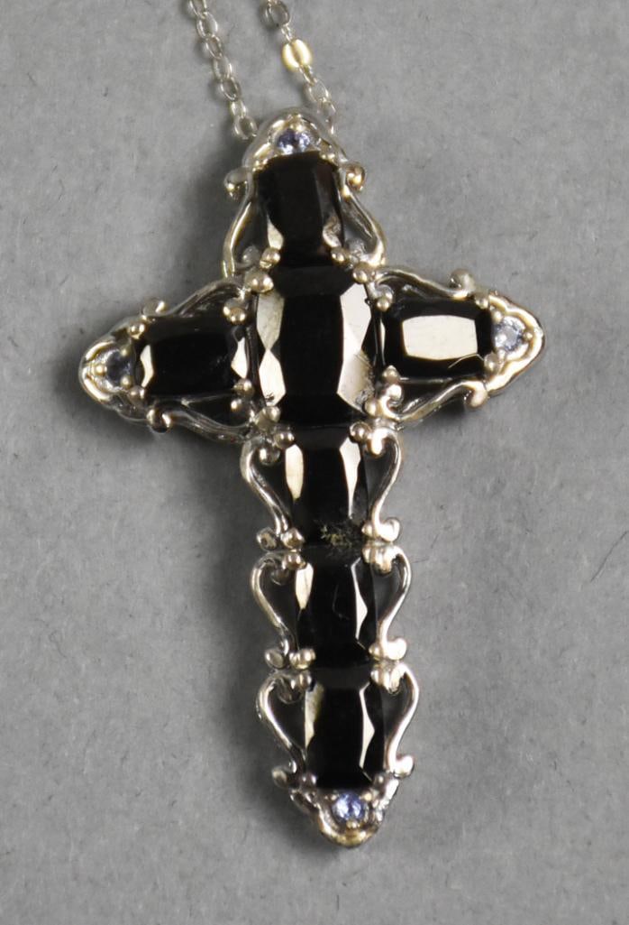 STS Sterling Cross Pendant Hematite 925: Darling sterling silver cross and chain set with what appears to be hematite. Stamped on back STS for STS Jewels and 925 for sterling.