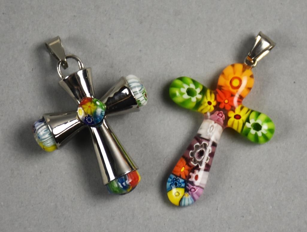 Italian Millefiori Art Glass Cross Pendants: These are two darling crosses of Italian origin. Each is Murano millefiori with one having stainless steel case and one having what appears to be a stainless bale.