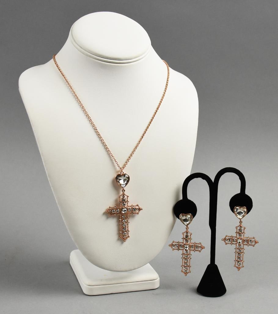 Cross Necklace & Earring Set Rose Gold Color & Crystal: Beautiful matching cross pendant & earrings. Both are rose colored set with vibrant white crystals for some BLING ! All 3 are approx 2.5" L x 1.5" W.