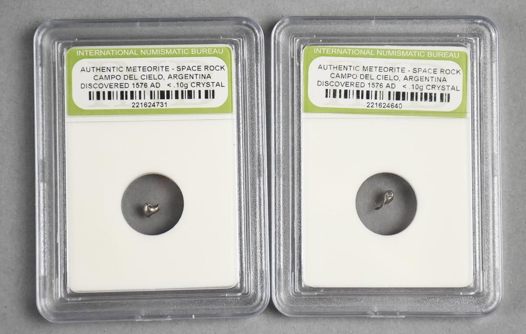 Meteorite c1576 AD Authentic Space Rock, Argentina INB: Lot is two International Numismatic Bureau c1576 AD Authentic Meteorite-Space Rock, Campo Del Cielo, Argentina. Each .10 gram crystal.