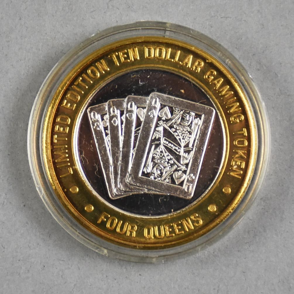 4 Queens Casino, LV-999 Silver $10 Gaming Token, Ltd Ed - MS: 4 Queens Casino, Las Vegas - 999 Silver $10 Gaming Token, Limited Edition. MS