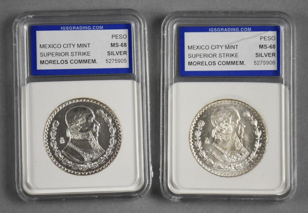 2 Mexico City Mint Silver Peso Superior Strike Graded MS 68: Lot is 2 Mexico City Mint Silver Peso Superior Strike-Graded MS68. By International Grading Service