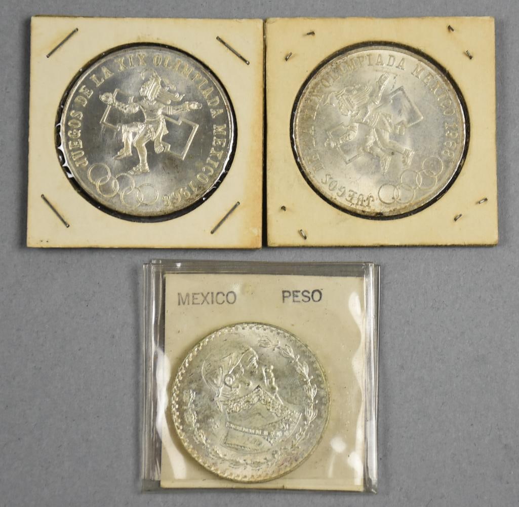 1950 Mexican Peso with Two 1968 25 Pesos Mexico Olympics: Lot is a 1950 Mexican Peso with Two 1968 25 Pesos Mexico Olympics. In silver.