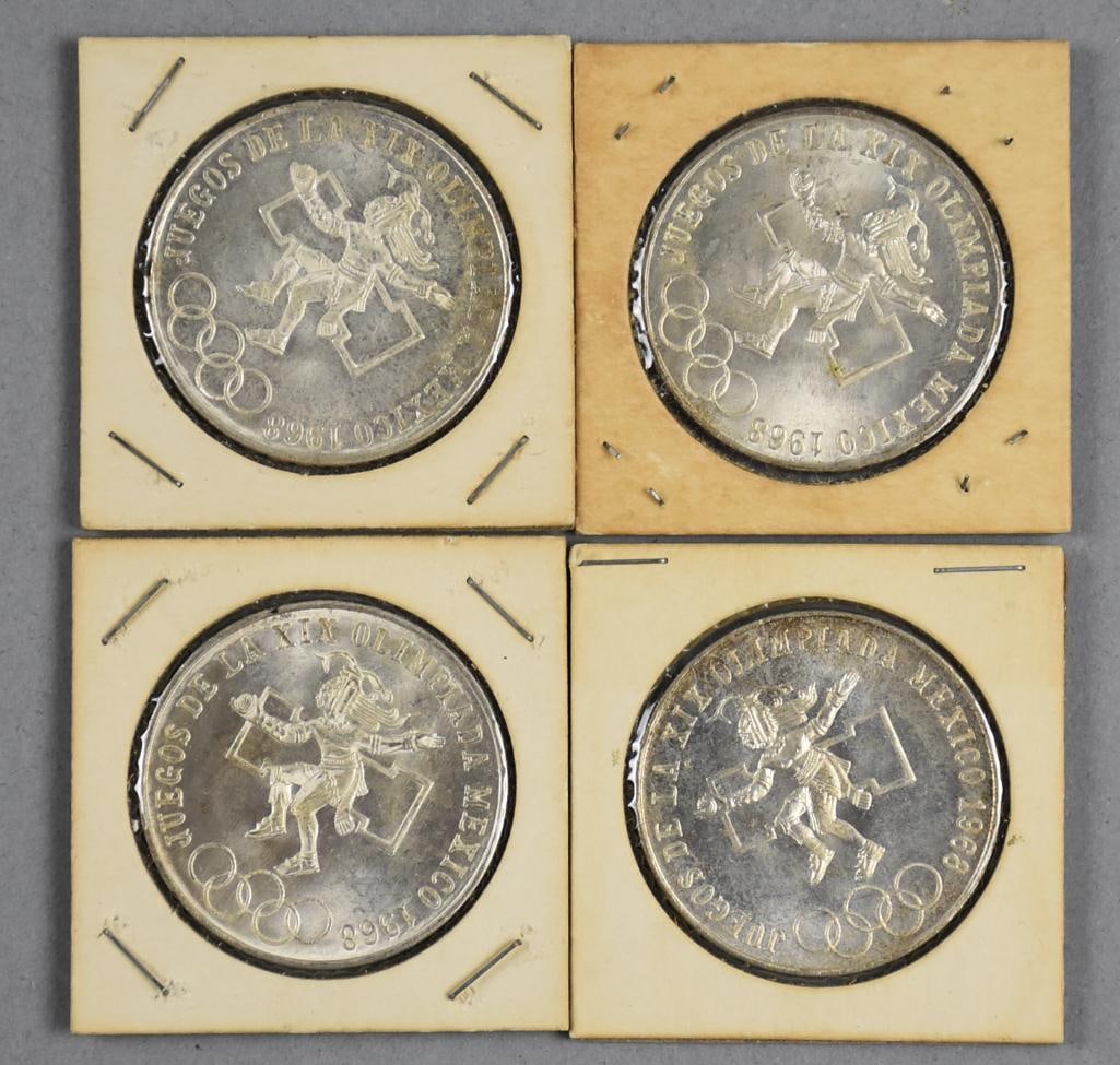 (4) 1968 Mexico Olympics 25 Peso Silver Coins: Four 1968 Mexican 25 Peso coins commemorating the Olympic Games. Each coin is composed of silver and features the Olympic motif, showcasing a detailed Aztec design on the obverse and the denomination 