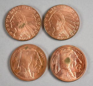 (4) .999 Copper Indian Head & Buffalo Rounds