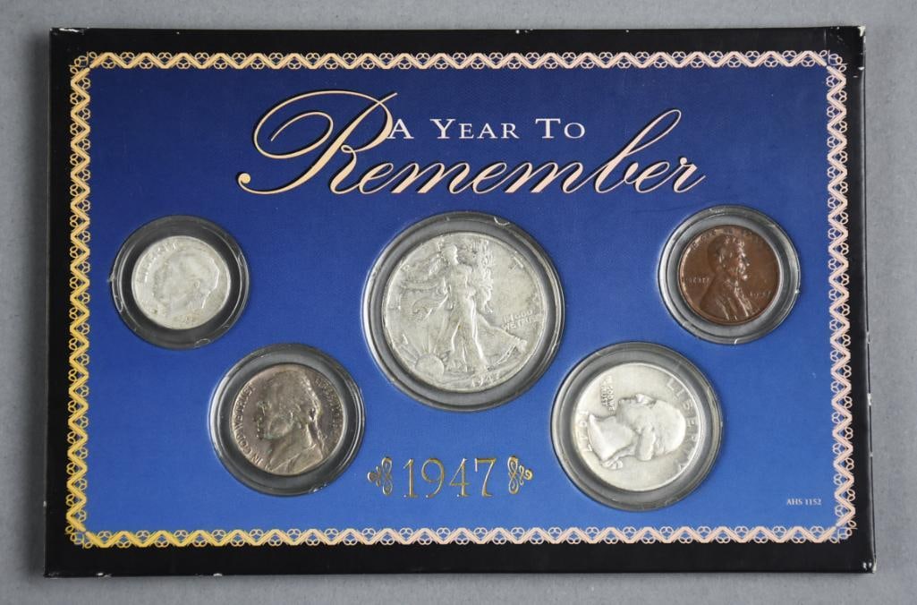 A Year to Remember 1947 Silver - Coin Set: 1947 U.S. coin set in a decorative display featuring coins from that year: a Silver Walking Liberty half dollar, Silver Washington quarter, Silver Mercury dime, Jefferson nickel, and Wheat penny. Coin