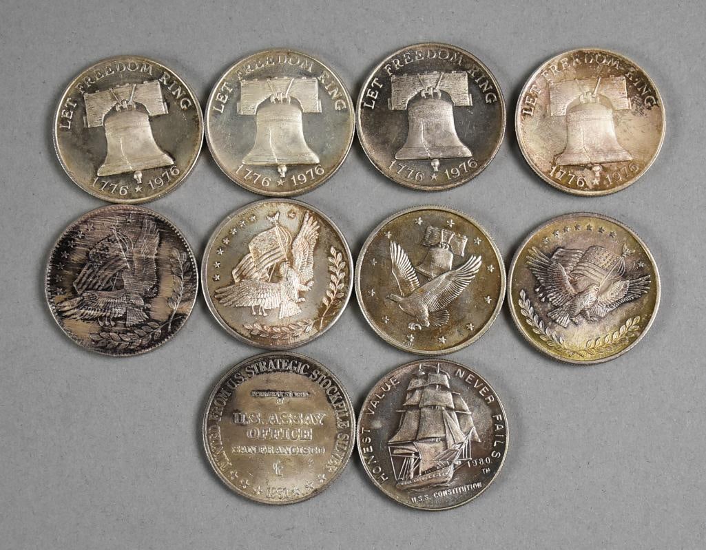 (10) Pure Silver Trade Units One Troy Ounce Each: Lot is 10 .999 fine Silver Trade Units, One Troy Ounce Each. Total of 10 troy ounces.