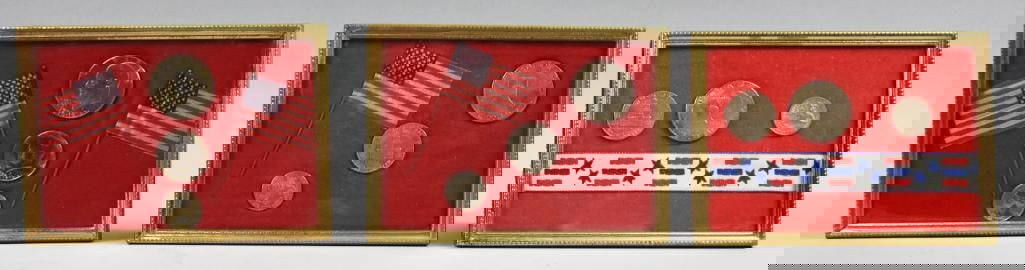 1776-1976 Bi-Centennial Coin Displays Dollar Half & Quarter: Three framed displays featuring US coins arranged alongside miniature American flags and patriotic motifs. Each frame contains a selection of coins, including bicentennial designs with icons like the